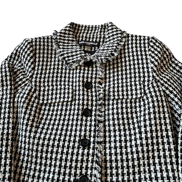 Karl Lagerfeld‎ Paris Houndstooth Tweed Fringed Jacket - Black White - Picture 3 of 9